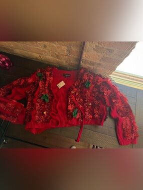 33 Degrees Red Holiday Tinsel Cardigan with Green Bow Accents and real Bells